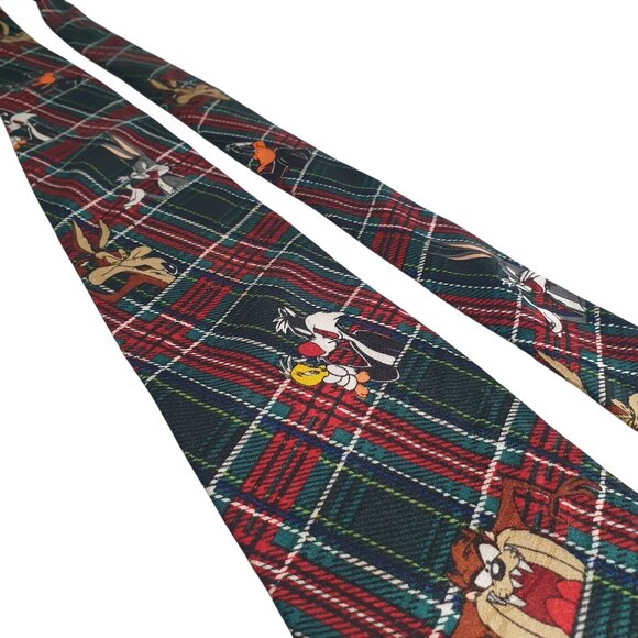 Looney Tunes Character Tie Plaid Design 1994 Taz Sylvester Tweety Bugs Coyote - Picture 2 of 5